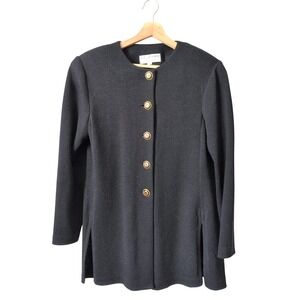 St John Basics Marie Gray Black Santana Knit Button Long Cardigan Jacket Small
